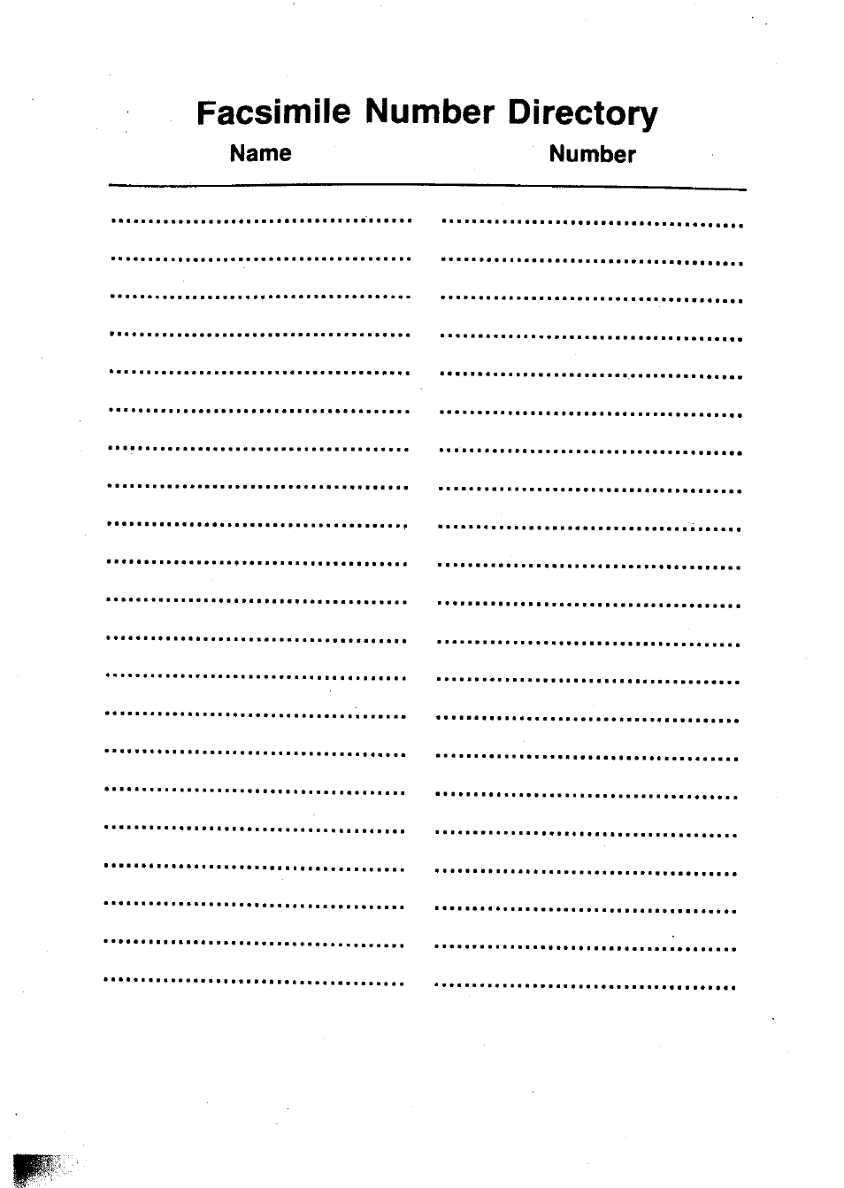 Facsimile number directory | Panasonic Panafax UF-127M User Manual | Page 78 / 80