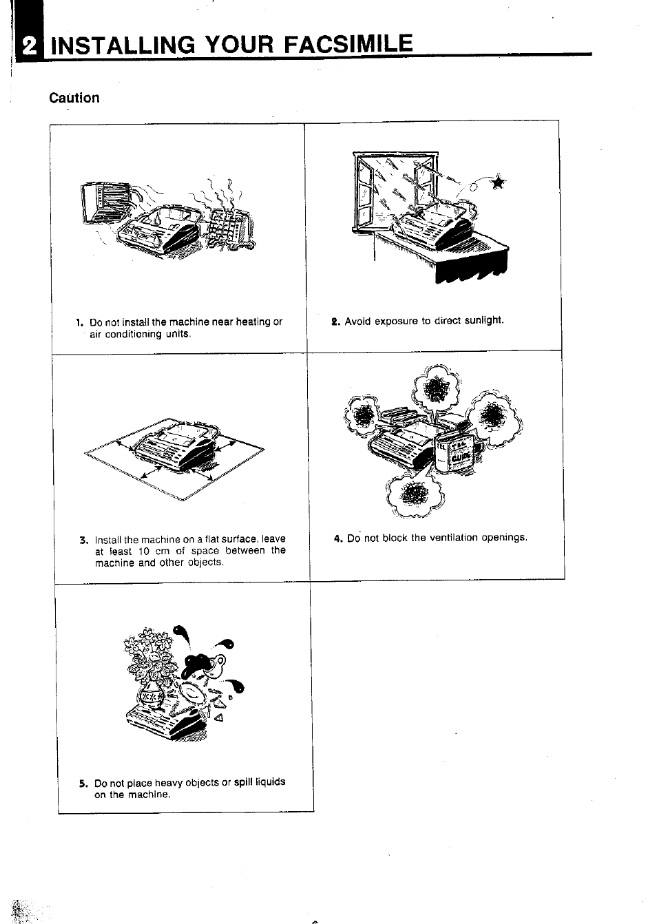 Installing your facsimile, Caution | Panasonic Panafax UF-127M User Manual | Page 9 / 80