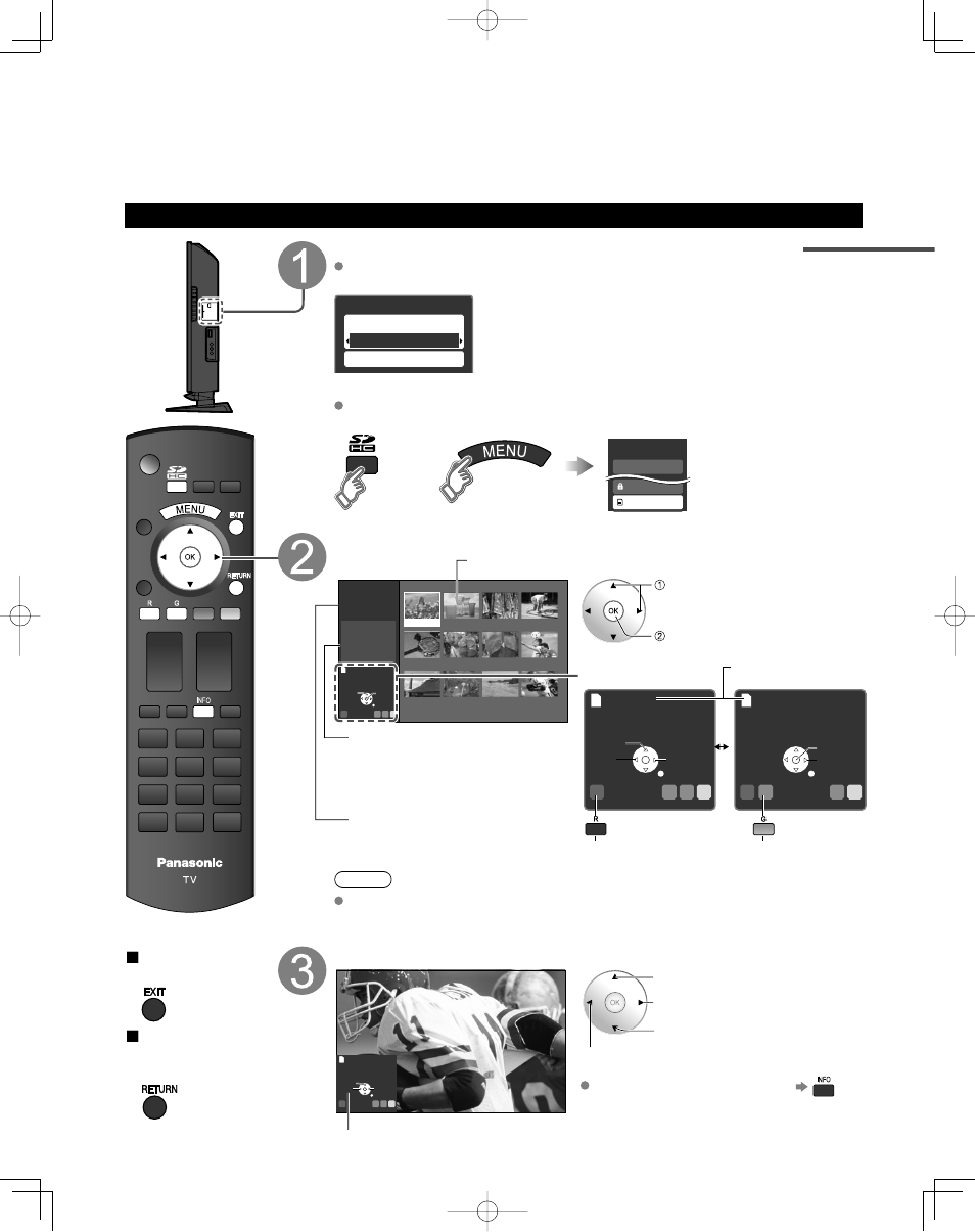 Viewing from sd card, Insert the sd card and select “play sd card now, Press the sd key or select “sd card” on the menu | Select the data to be viewed, View, Photo viewer, Press to exit from a menu screen, Press to return to the previous screen | Panasonic TC-32LX85 User Manual | Page 18 / 50