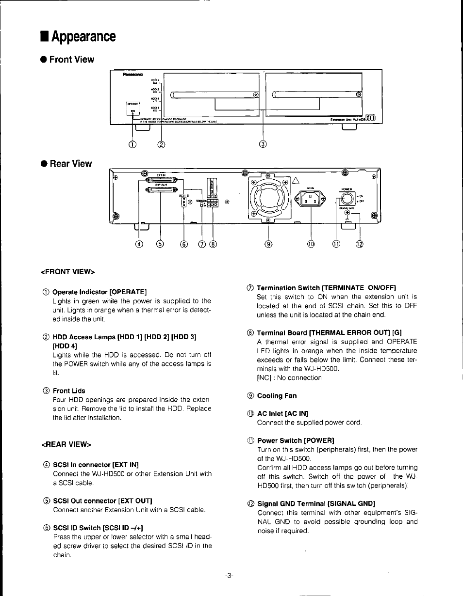 I appearance, Front view, Rear view | Panasonic WJ-HDE500 User Manual | Page 3 / 8