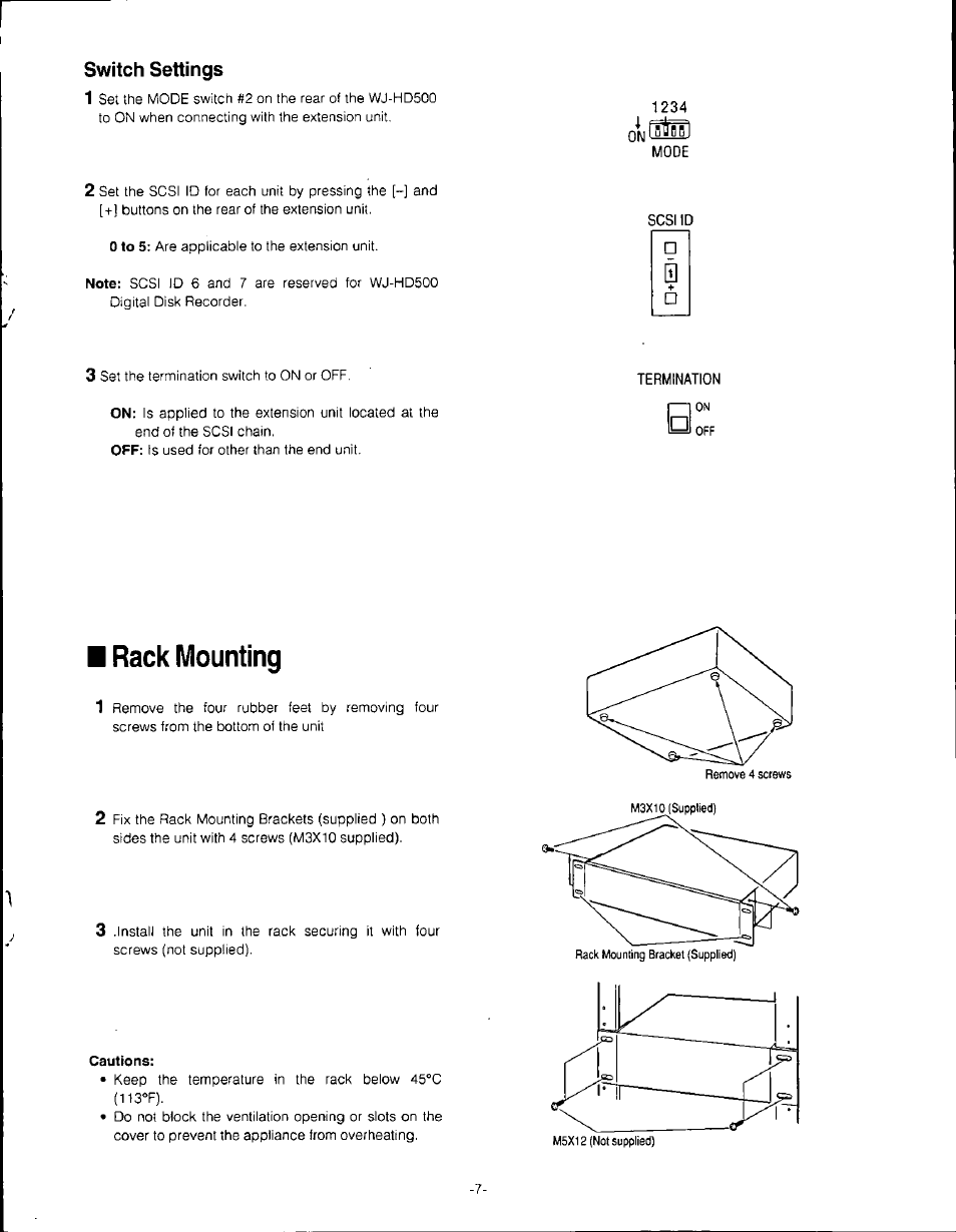 Switch settings, Termination, Rack mounting | Panasonic WJ-HDE500 User Manual | Page 7 / 8
