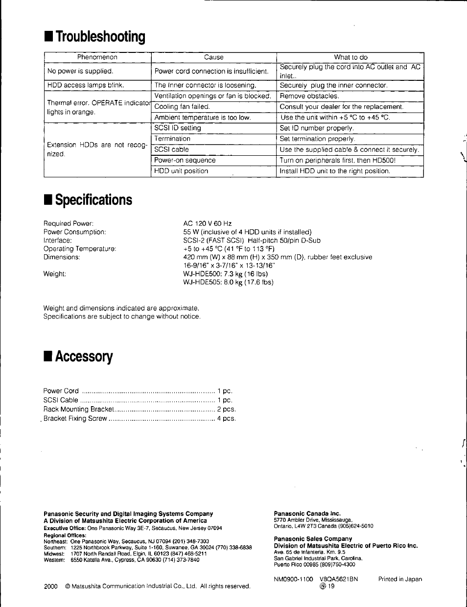 Troubleshooting, Specifications, Accessory | Panasonic WJ-HDE500 User Manual | Page 8 / 8