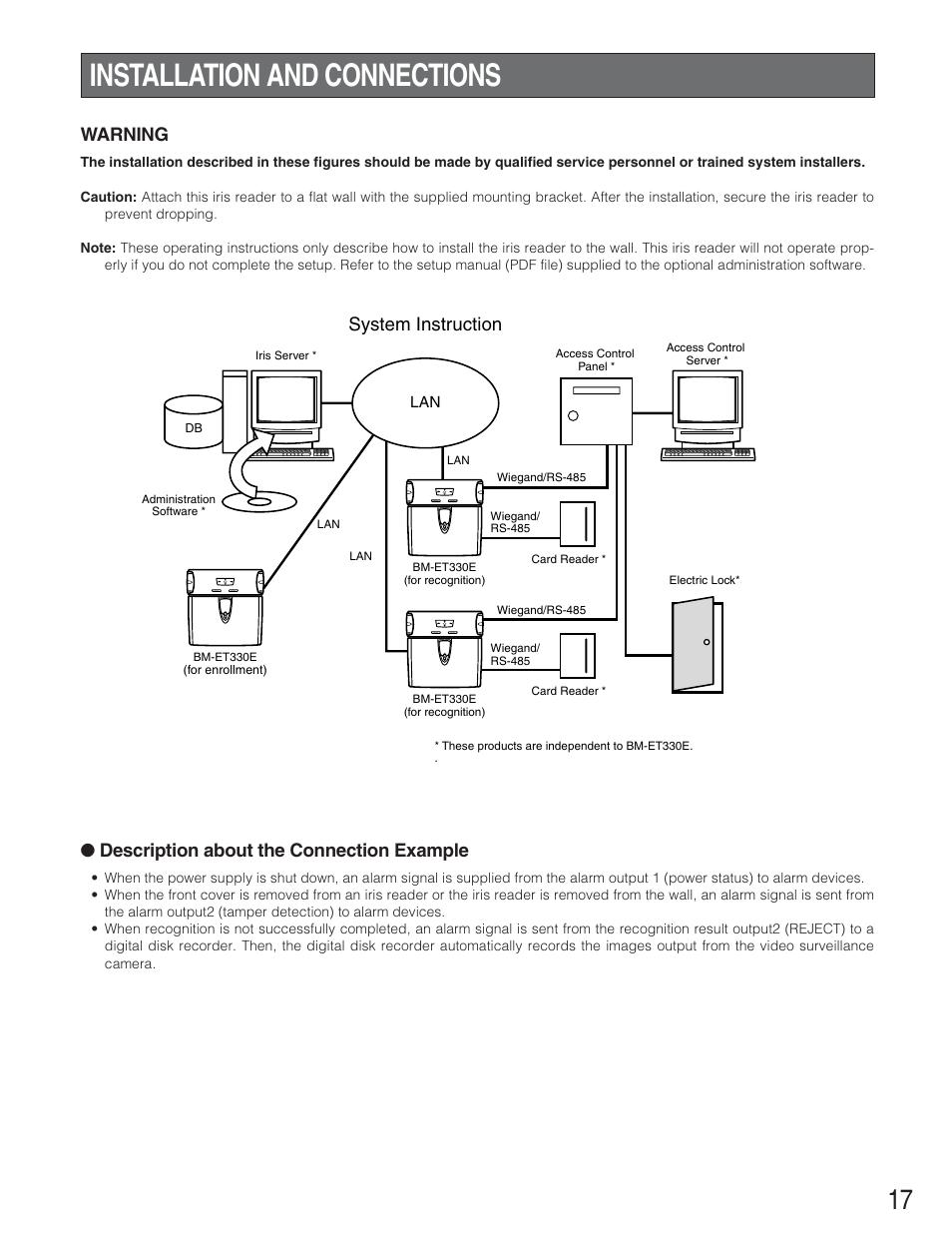 Installation and connections, Warning, Description about the connection example | System instruction | Panasonic BM-ET330 User Manual | Page 17 / 37