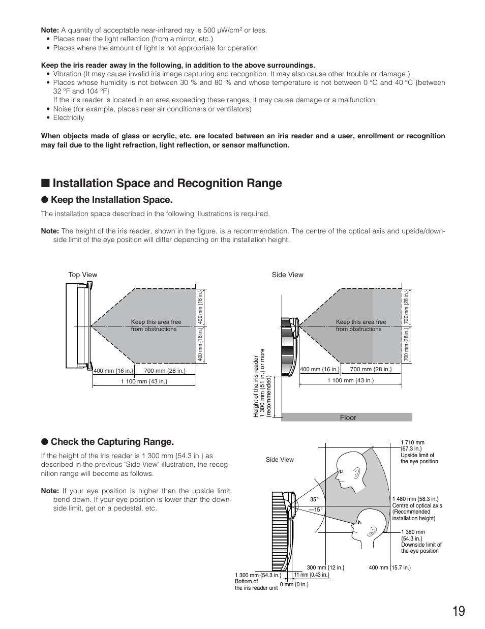 Installation space and recognition range, Keep the installation space, Check the capturing range | Panasonic BM-ET330 User Manual | Page 19 / 37