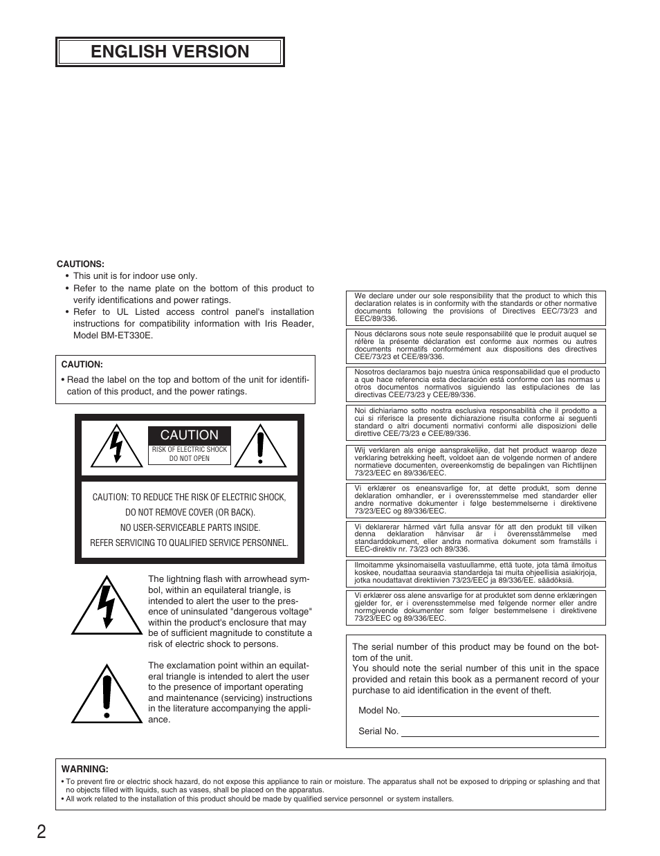 English version, Caution | Panasonic BM-ET330 User Manual | Page 2 / 37