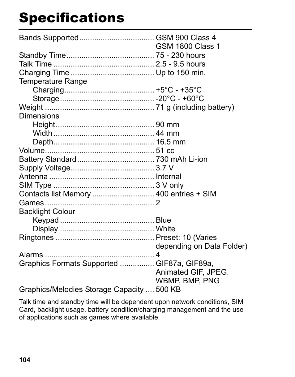 Specifications | Panasonic A210 User Manual | Page 107 / 114