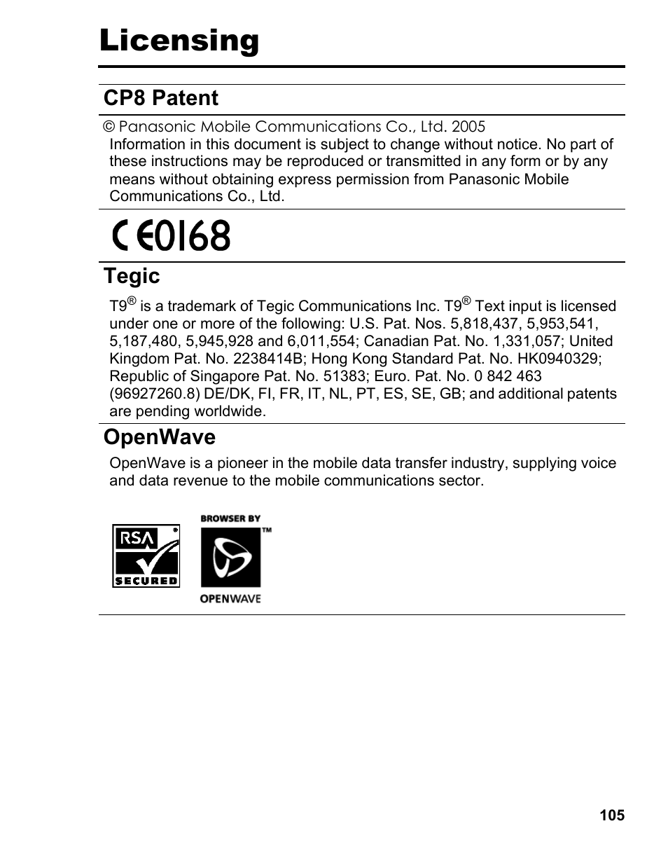 Licensing, Cp8 patent, Tegic | Openwave | Panasonic A210 User Manual | Page 108 / 114
