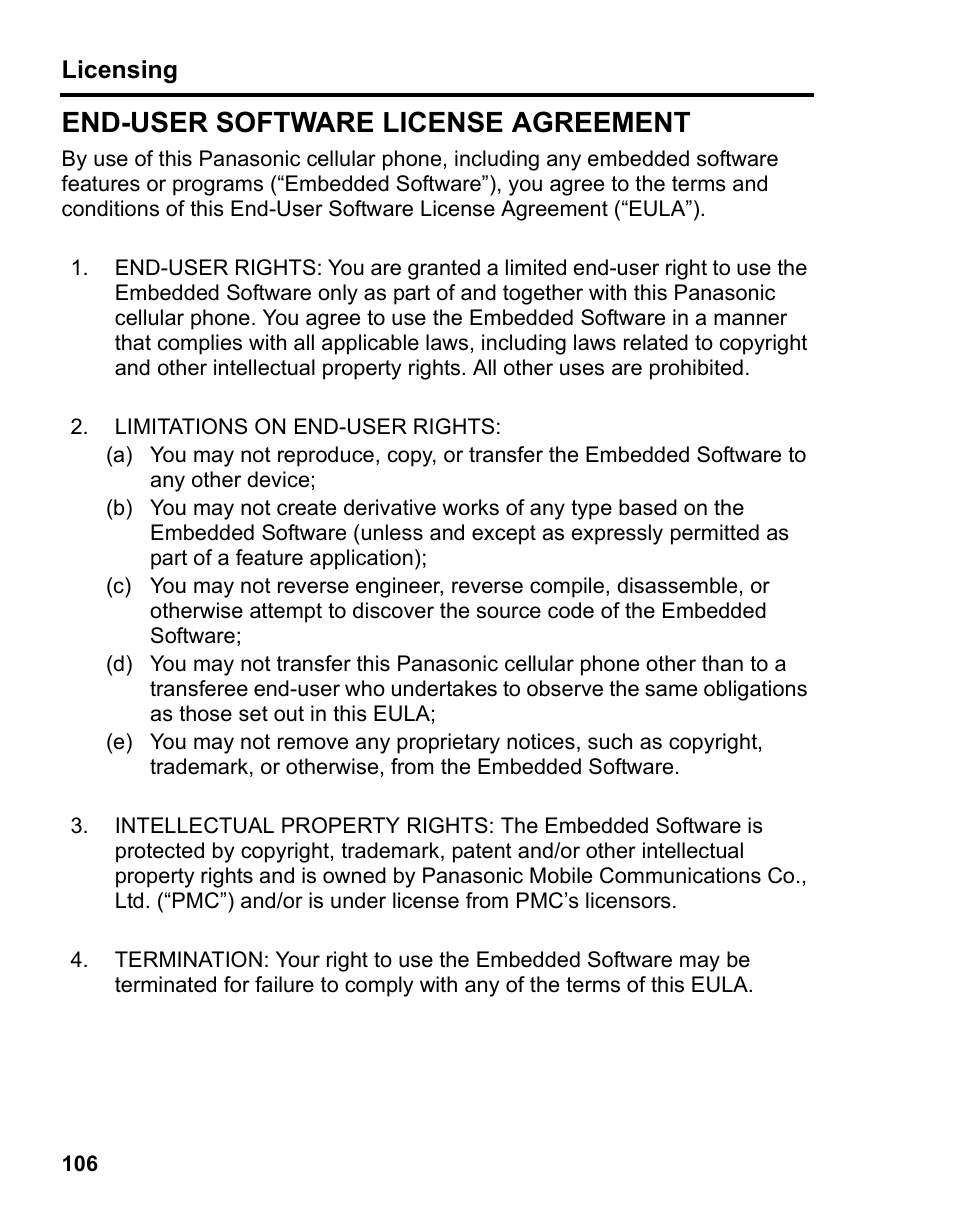 End-user software license agreement | Panasonic A210 User Manual | Page 109 / 114