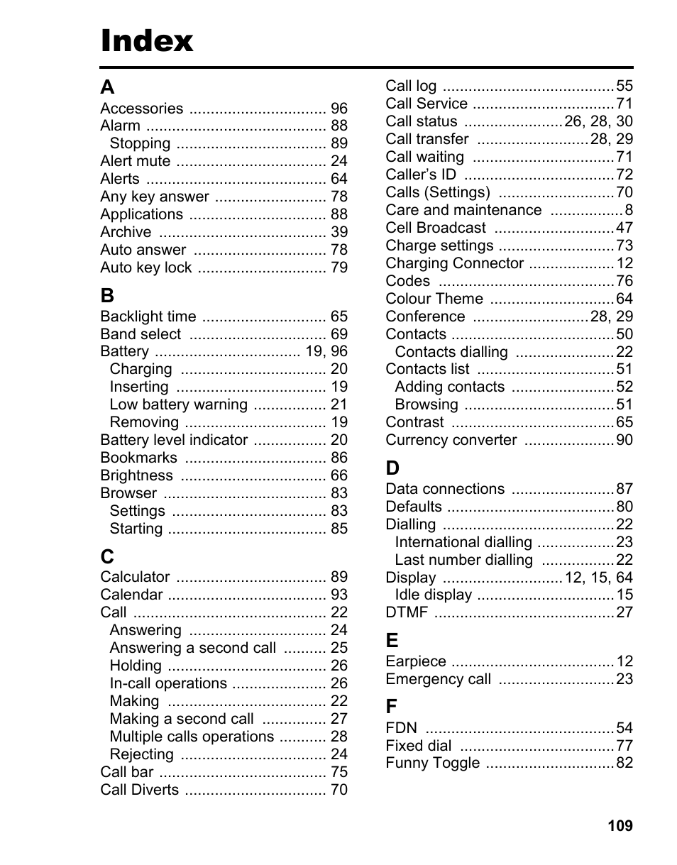 Index | Panasonic A210 User Manual | Page 112 / 114