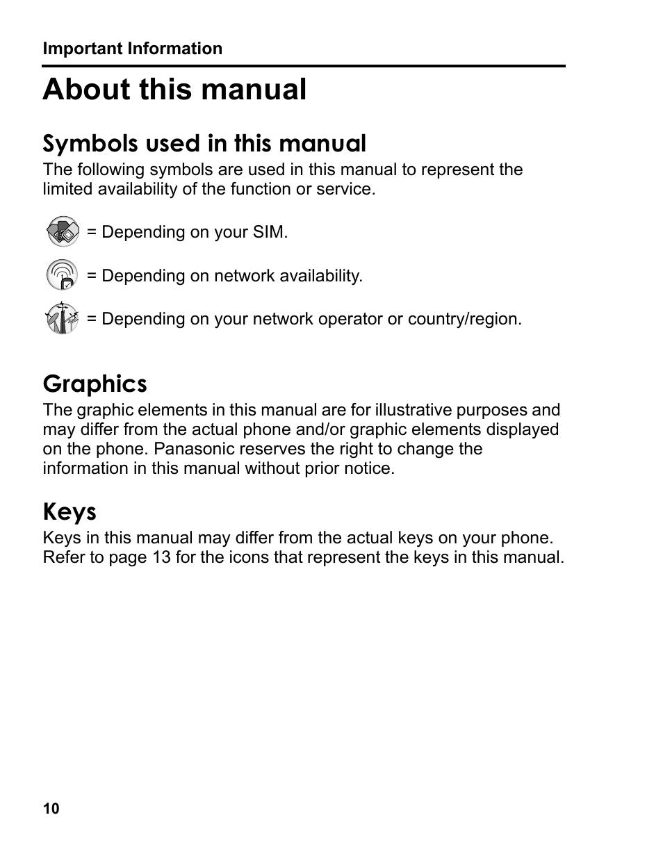 About this manual, Symbols used in this manual, Graphics | Keys | Panasonic A210 User Manual | Page 13 / 114