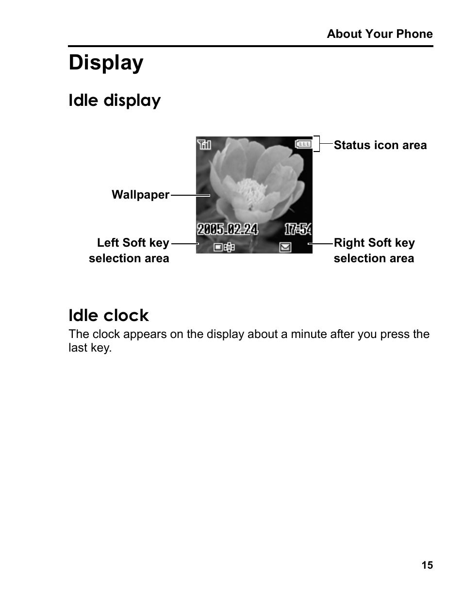 Display, Idle display, Idle clock | Idle display idle clock | Panasonic A210 User Manual | Page 18 / 114