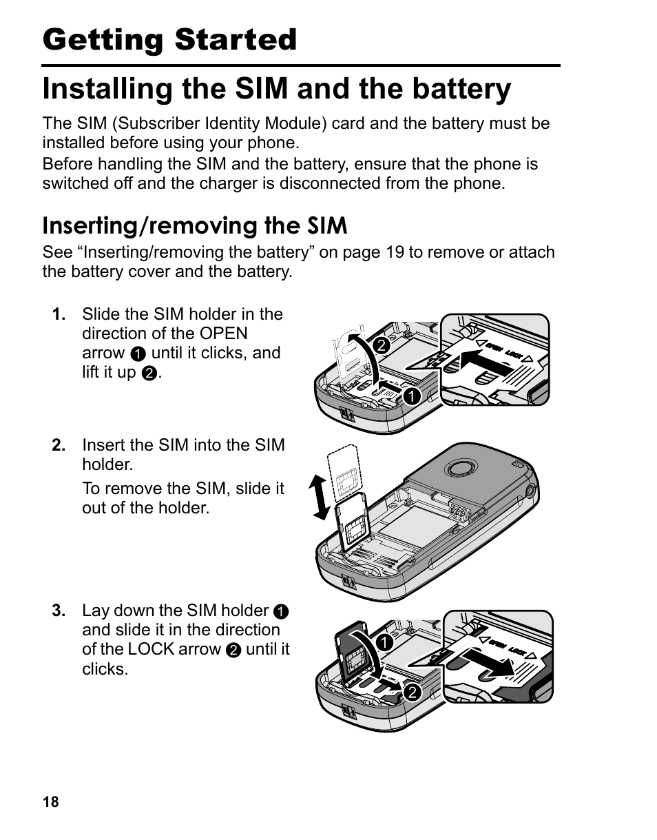 Getting started, Installing the sim and the battery, Inserting/removing the sim | Installing the sim and the, Battery, Getting started installing the sim and the battery | Panasonic A210 User Manual | Page 21 / 114