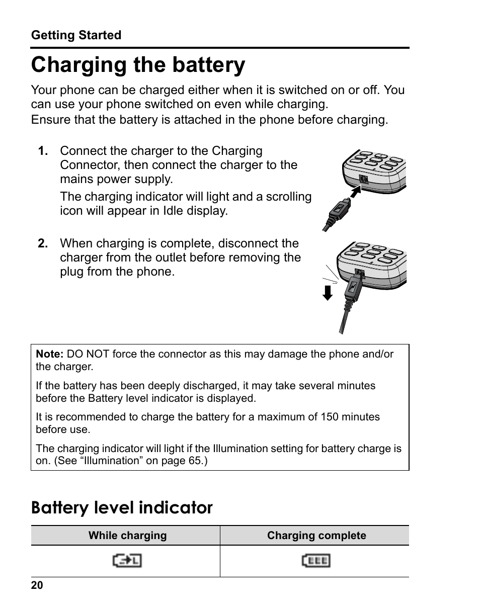 Charging the battery, Battery level indicator | Panasonic A210 User Manual | Page 23 / 114