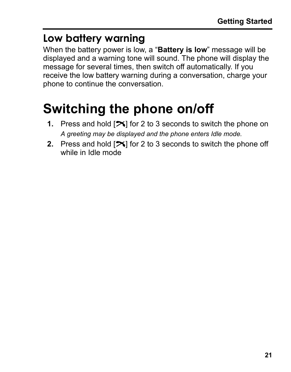 Low battery warning, Switching the phone on/off | Panasonic A210 User Manual | Page 24 / 114
