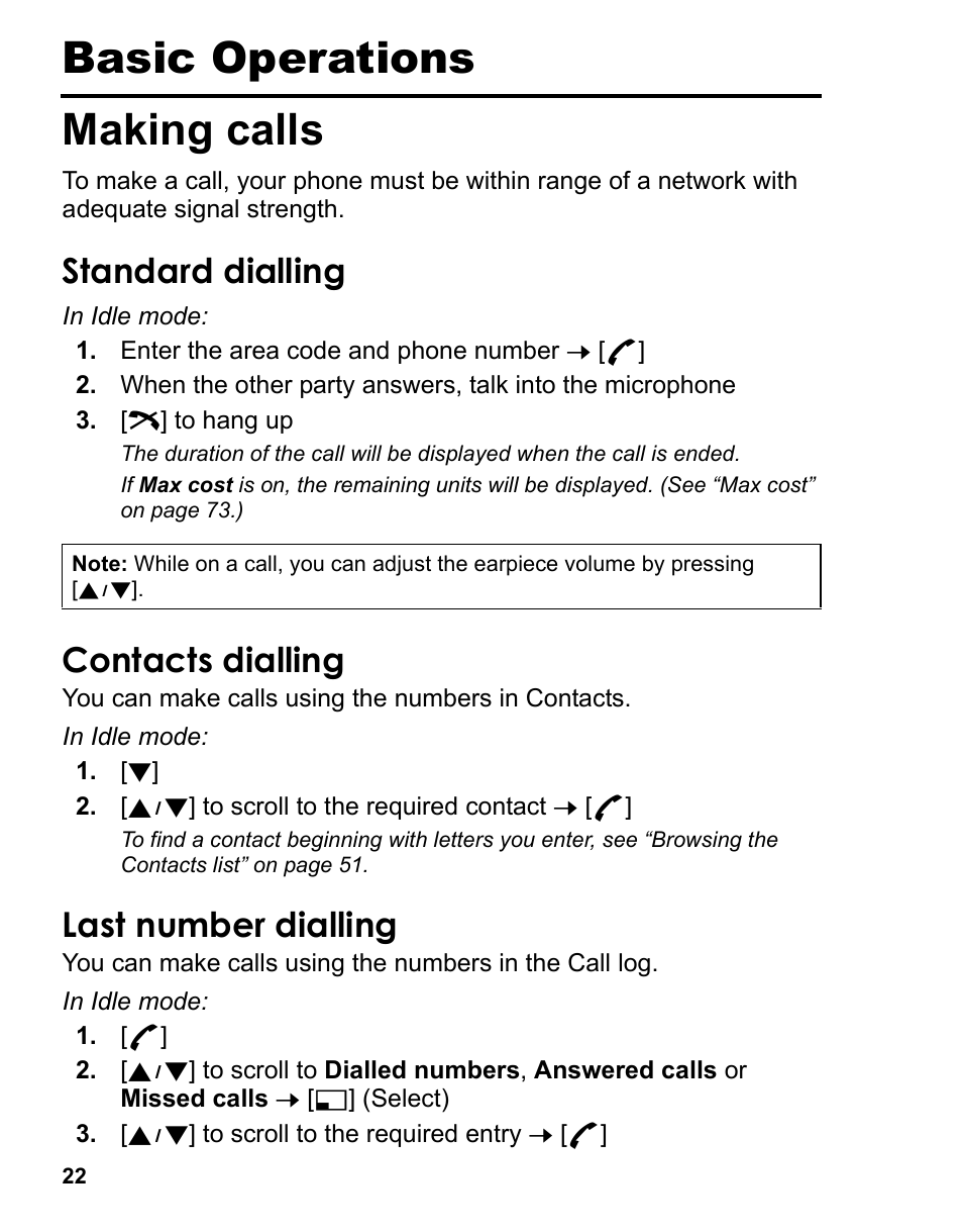 Basic operations, Making calls, Standard dialling | Contacts dialling, Last number dialling, Basic operations making calls | Panasonic A210 User Manual | Page 25 / 114