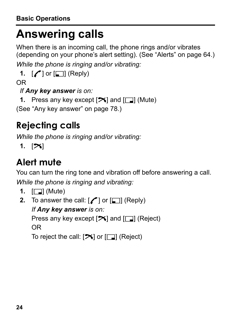 Answering calls, Rejecting calls, Alert mute | Panasonic A210 User Manual | Page 27 / 114