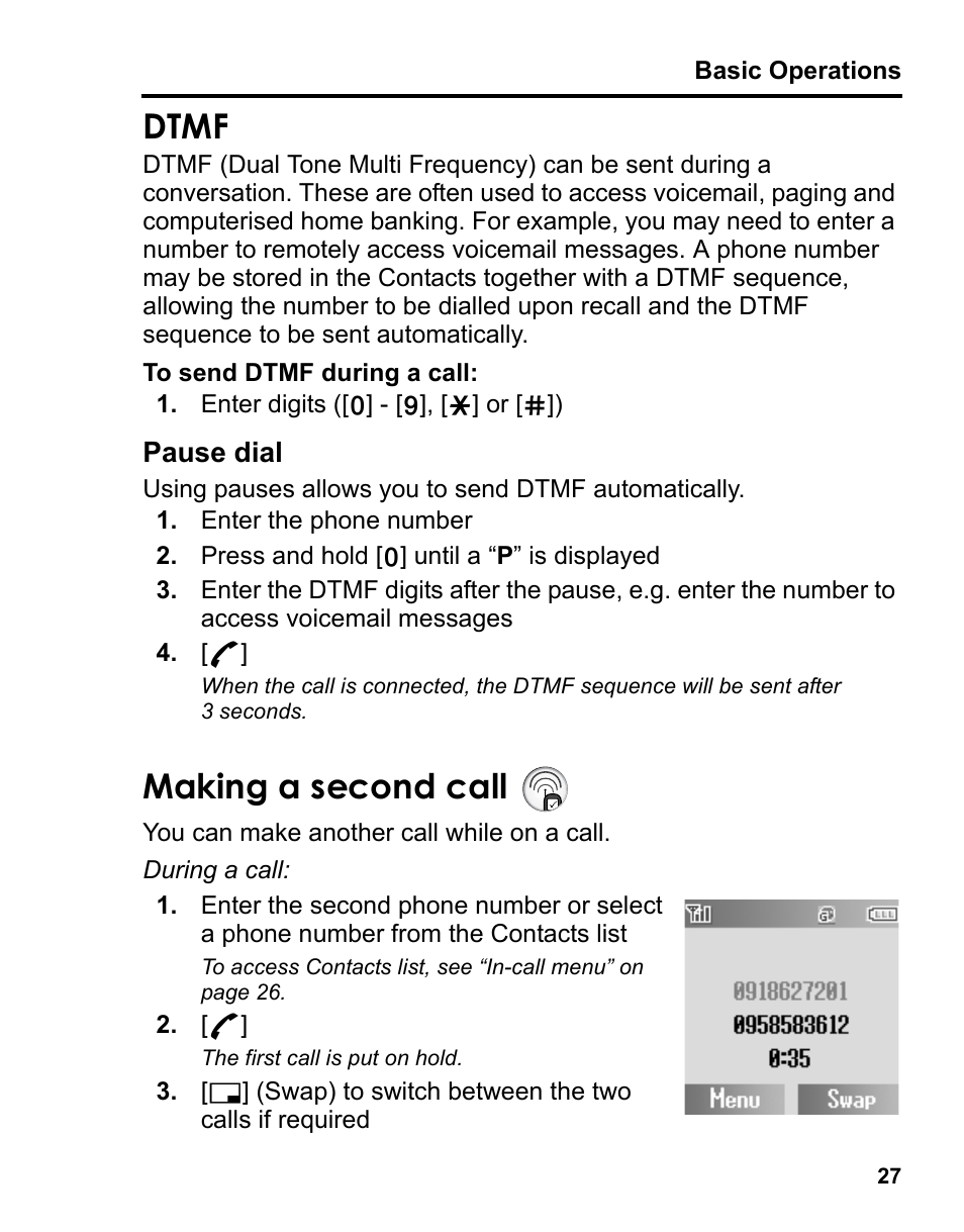 Dtmf, Making a second call, Pause dial | Panasonic A210 User Manual | Page 30 / 114