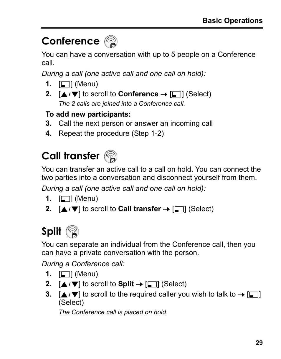 Conference, Call transfer, Split | Panasonic A210 User Manual | Page 32 / 114