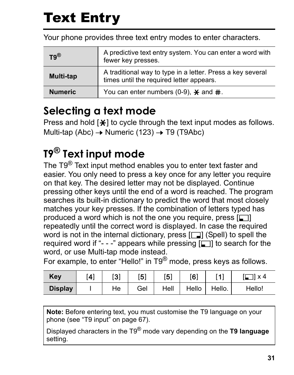 Text entry, Selecting a text mode, T9® text input mode | Text input mode | Panasonic A210 User Manual | Page 34 / 114