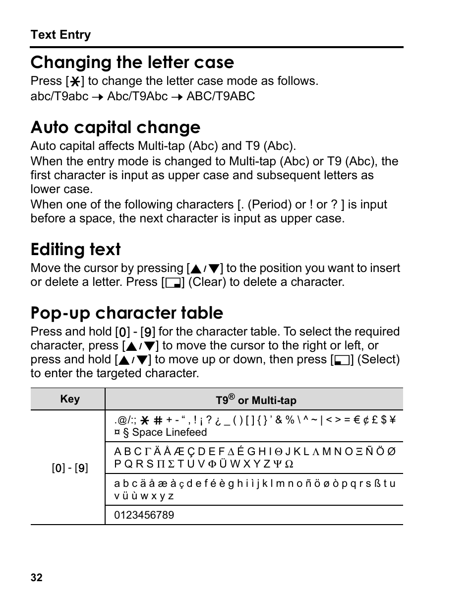 Changing the letter case, Auto capital change, Editing text | Pop-up character table | Panasonic A210 User Manual | Page 35 / 114