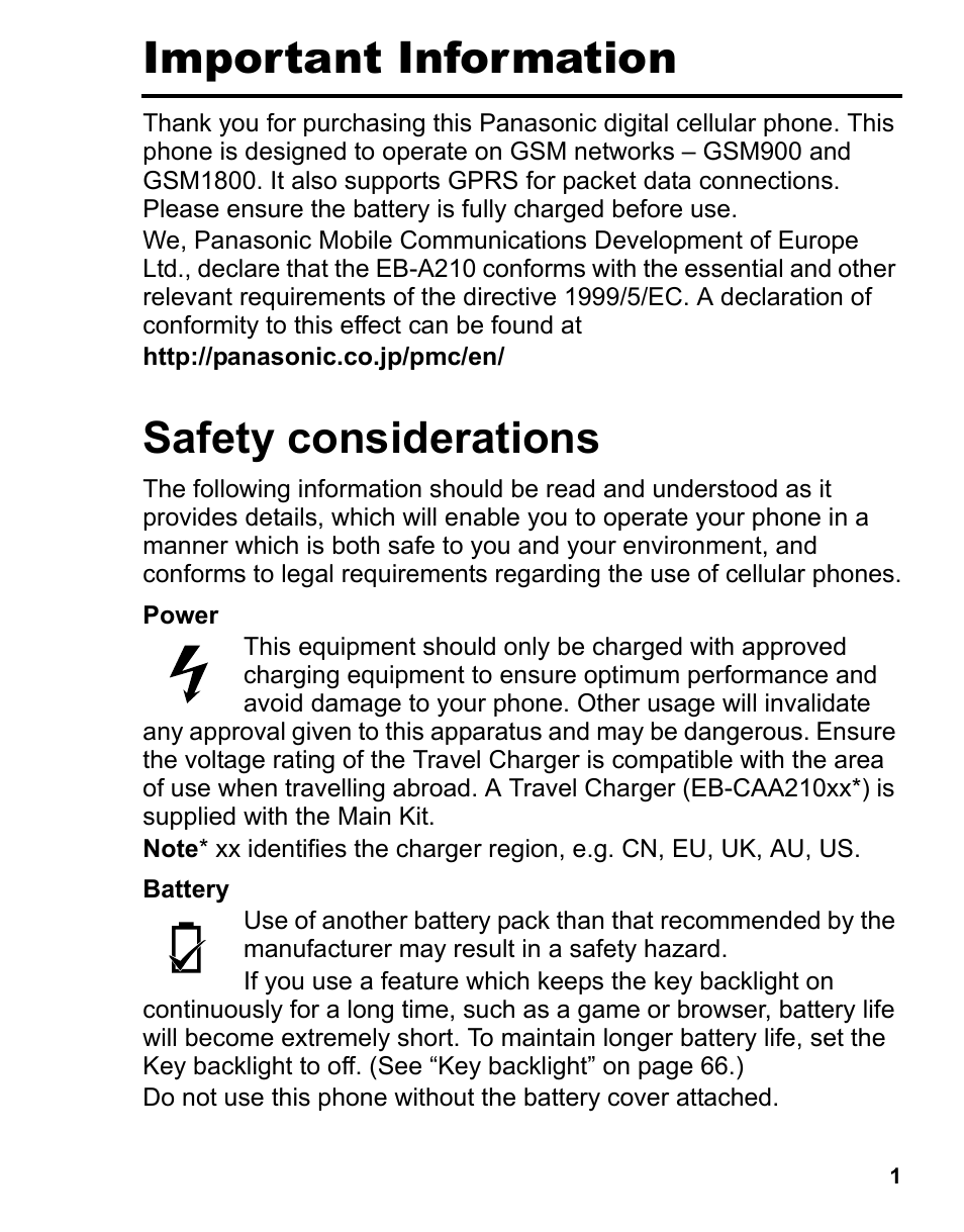 Important information, Safety considerations | Panasonic A210 User Manual | Page 4 / 114