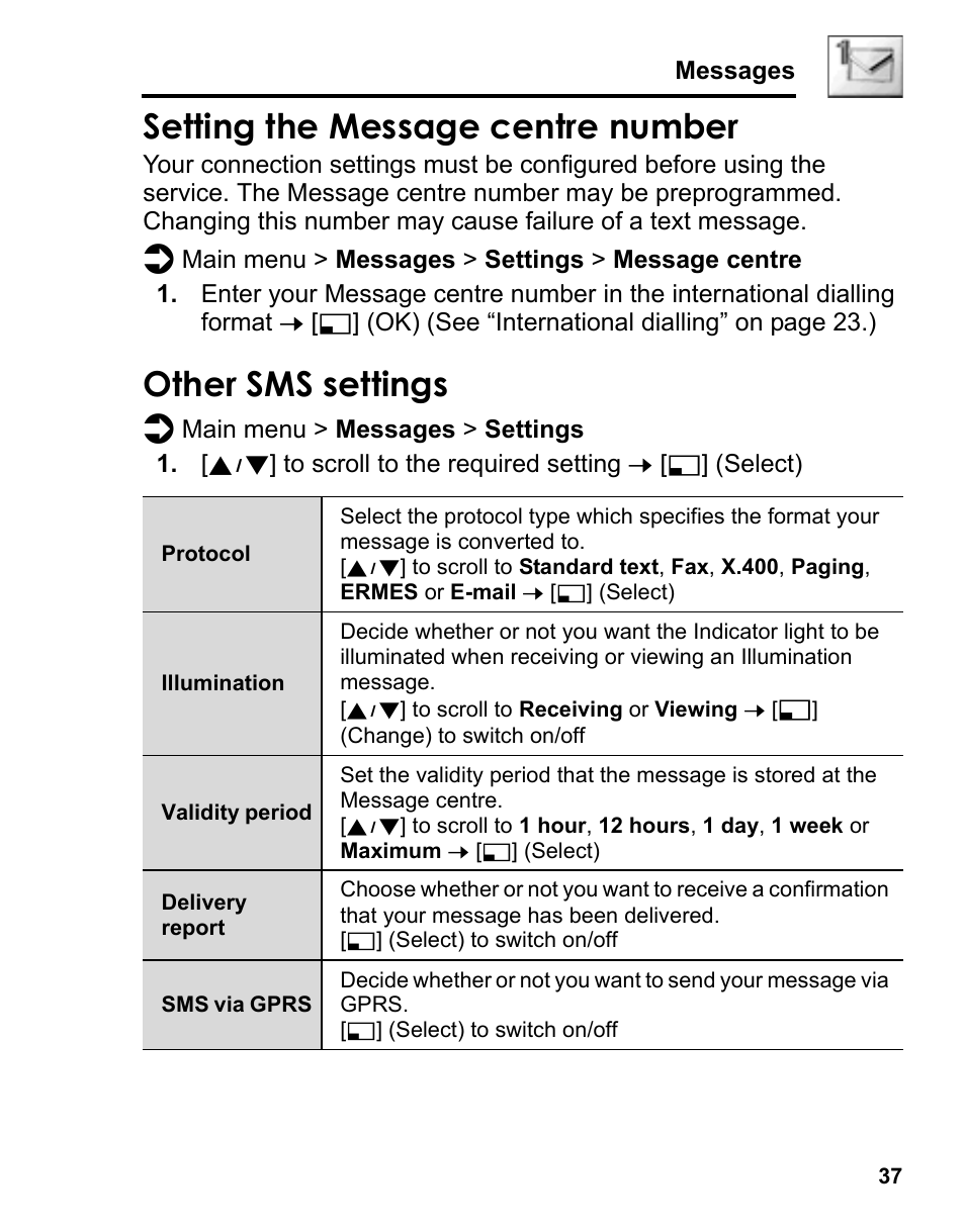 Setting the message centre number, Other sms settings | Panasonic A210 User Manual | Page 40 / 114