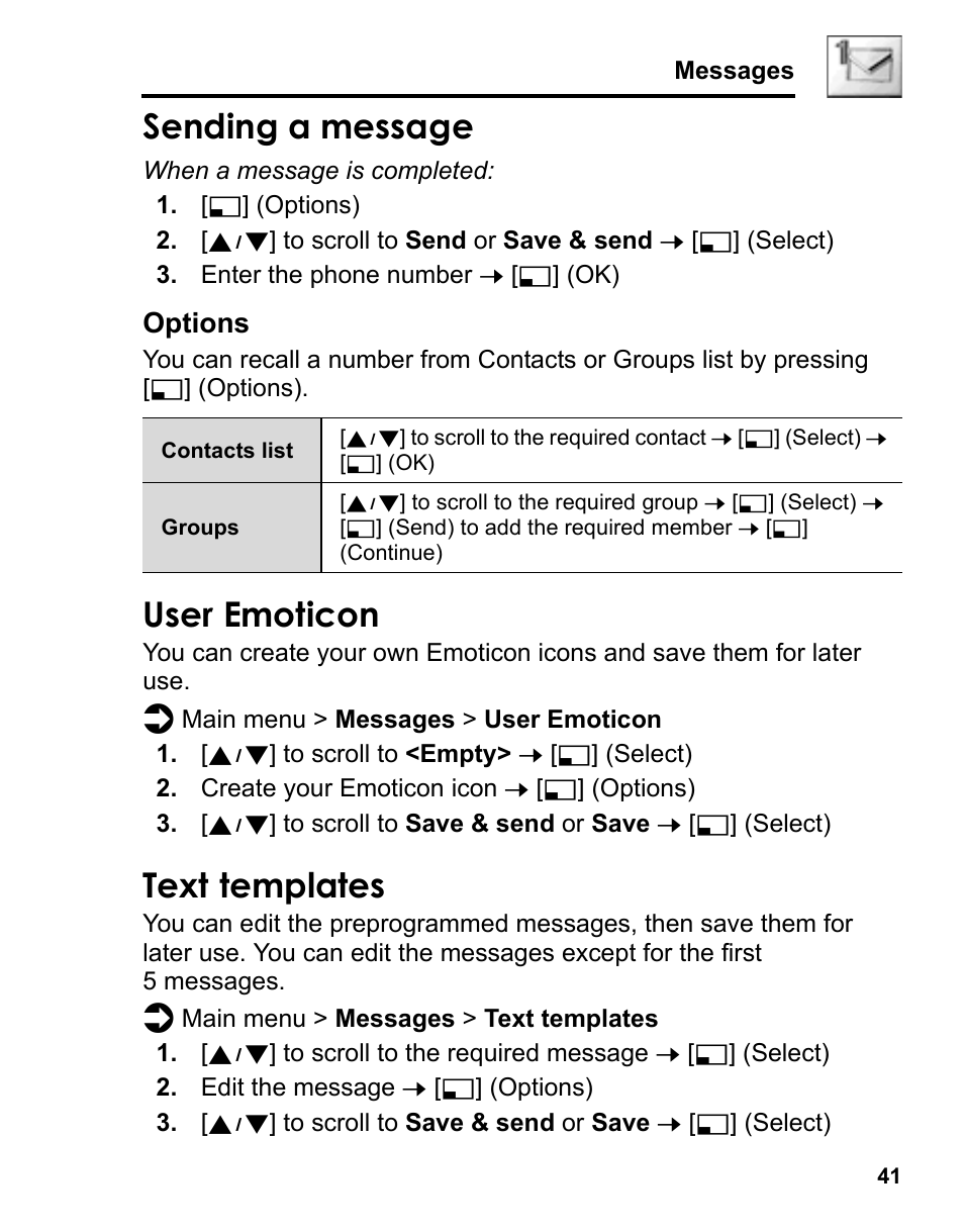 Sending a message, User emoticon, Text templates | Panasonic A210 User Manual | Page 44 / 114