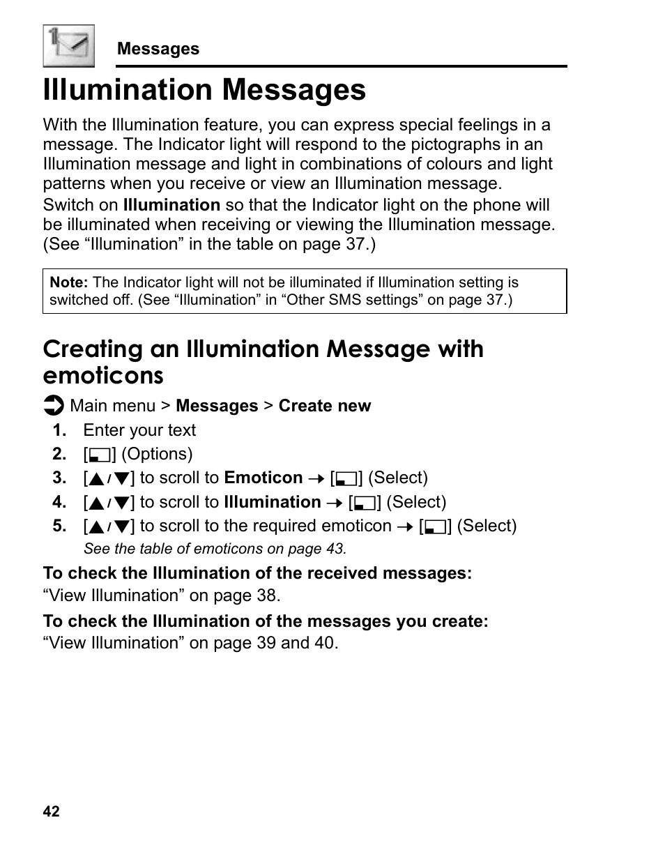 Illumination messages, Creating an illumination message with emoticons | Panasonic A210 User Manual | Page 45 / 114