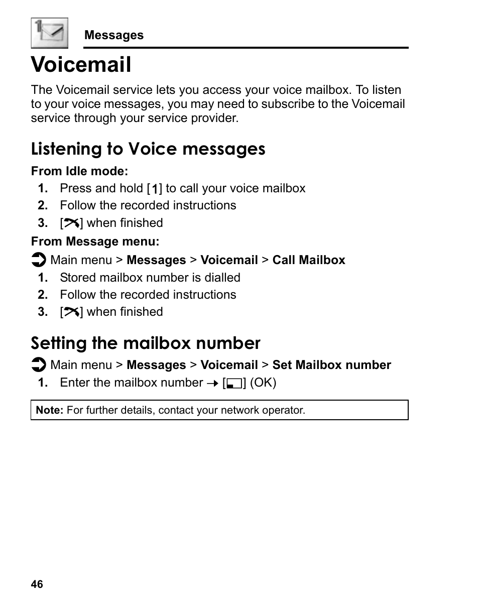 Voicemail, Listening to voice messages, Setting the mailbox number | Panasonic A210 User Manual | Page 49 / 114