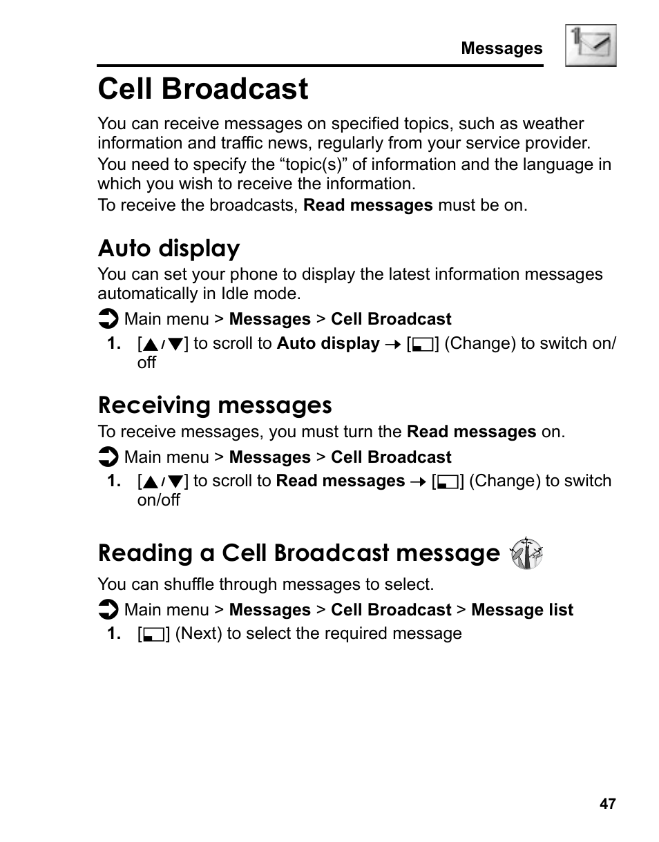 Cell broadcast, Auto display, Receiving messages | Reading a cell broadcast message | Panasonic A210 User Manual | Page 50 / 114