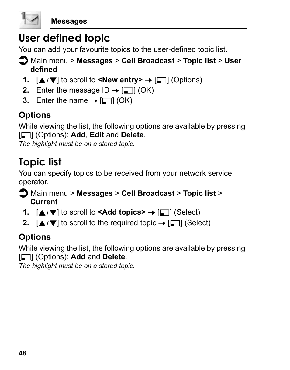 User defined topic, Topic list | Panasonic A210 User Manual | Page 51 / 114