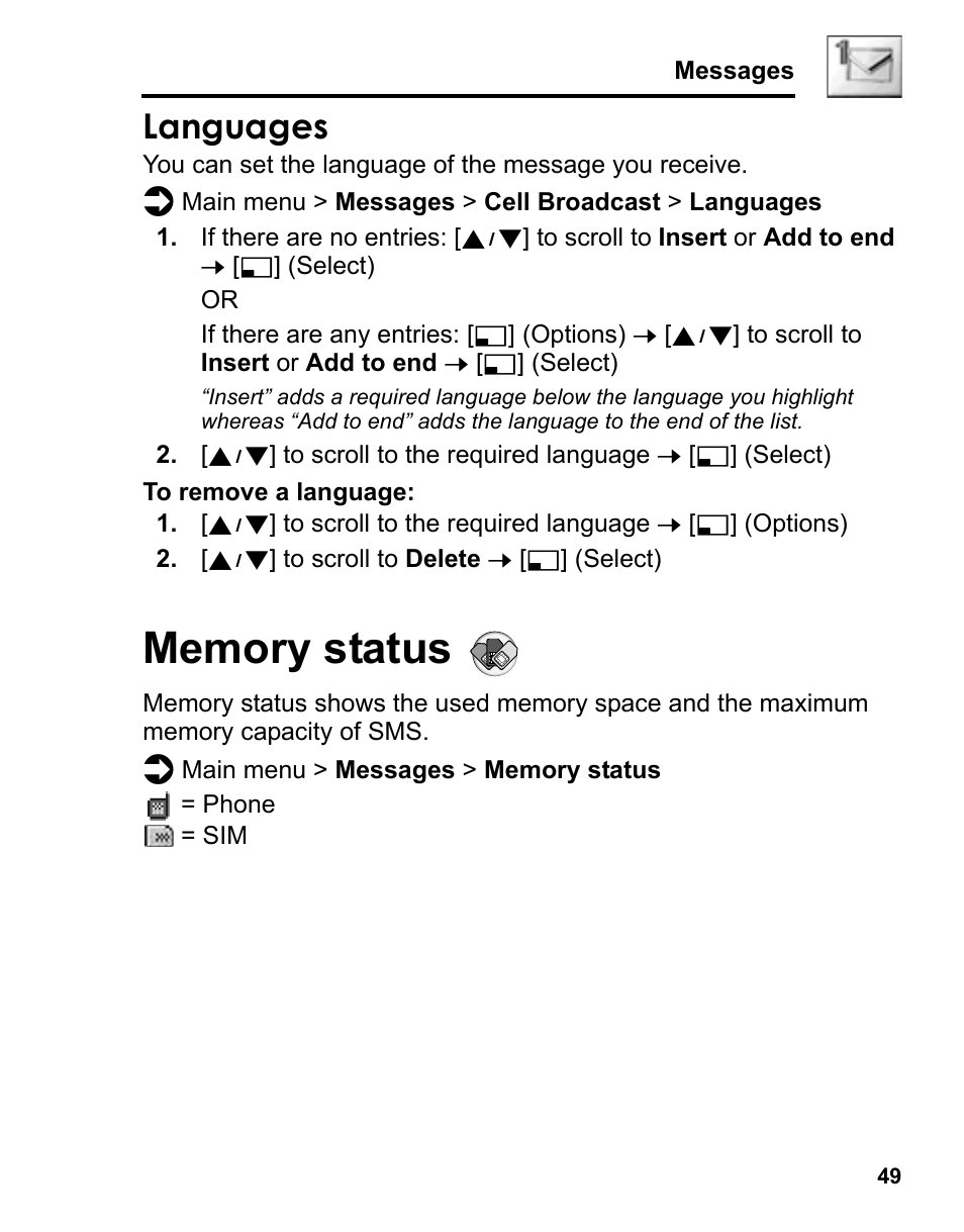 Languages, Memory status | Panasonic A210 User Manual | Page 52 / 114