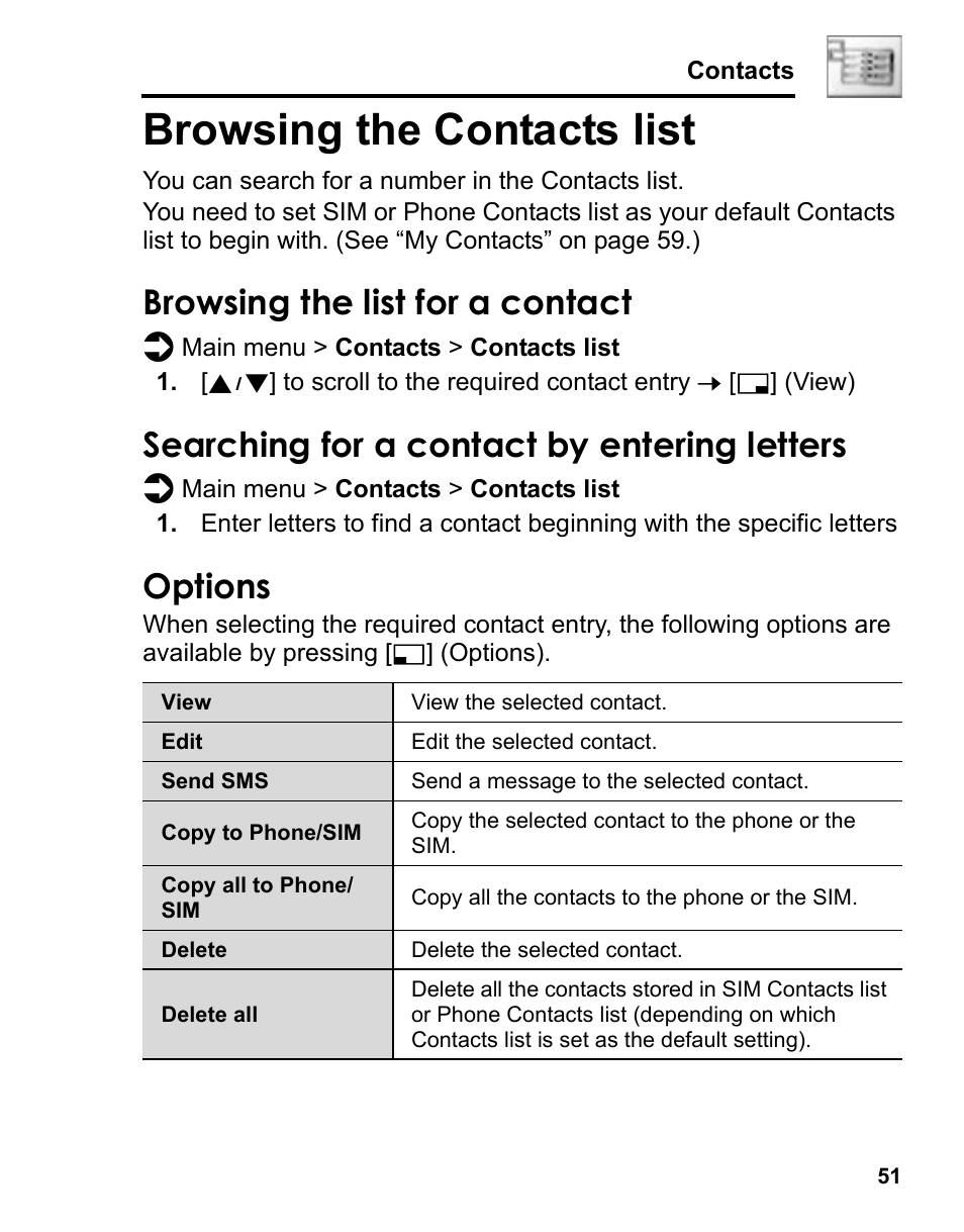 Browsing the contacts list, Browsing the list for a contact, Searching for a contact by entering letters | Options | Panasonic A210 User Manual | Page 54 / 114