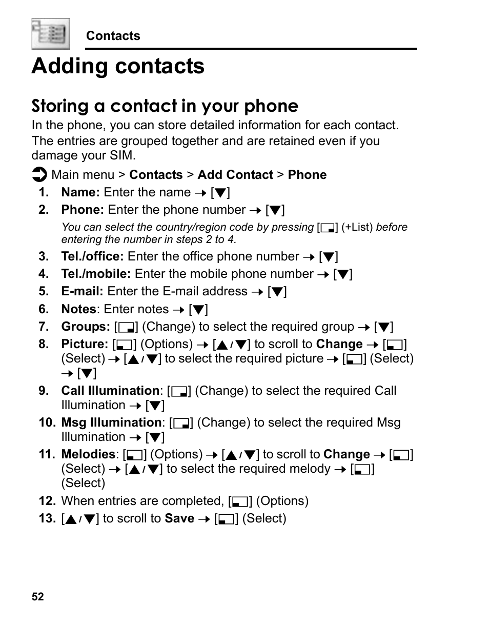 Adding contacts, Storing a contact in your phone | Panasonic A210 User Manual | Page 55 / 114