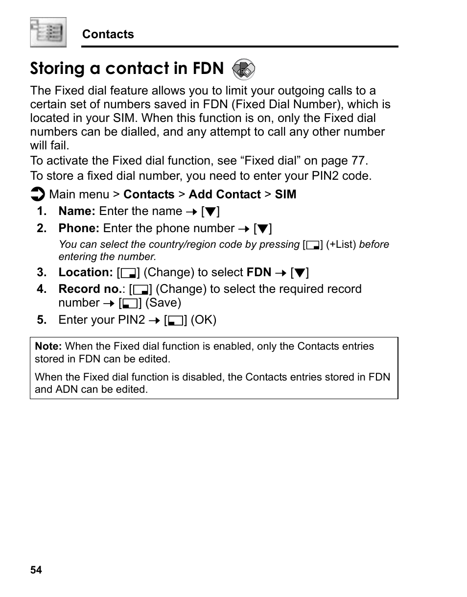 Storing a contact in fdn | Panasonic A210 User Manual | Page 57 / 114