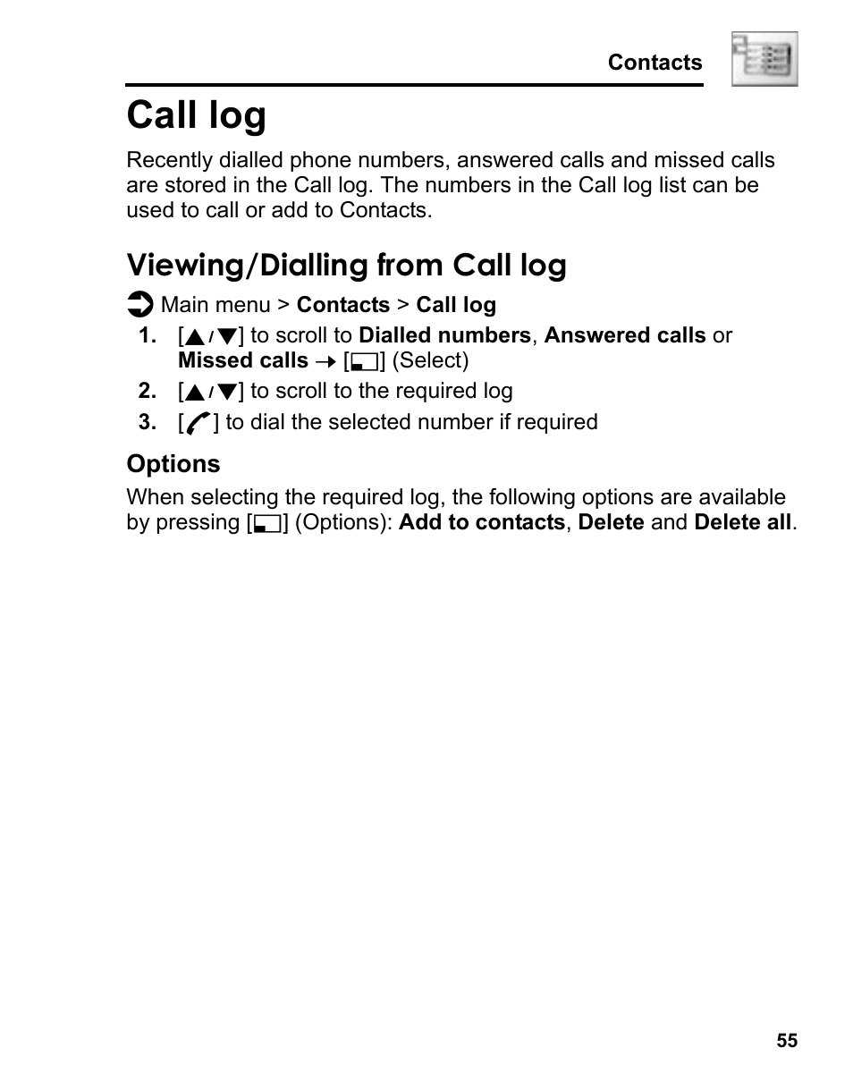 Call log, Viewing/dialling from call log | Panasonic A210 User Manual | Page 58 / 114