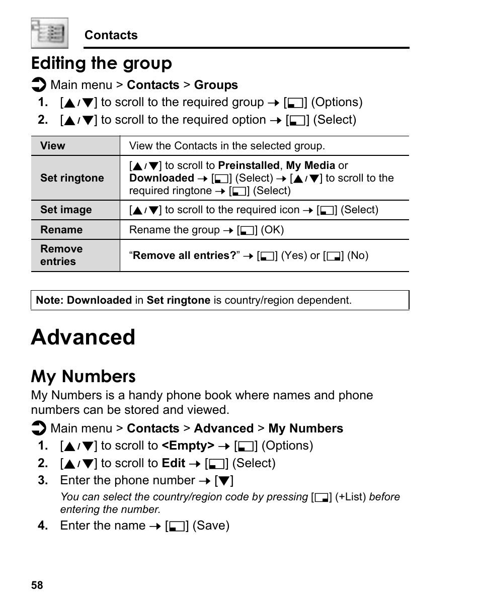 Editing the group, Advanced, My numbers | Panasonic A210 User Manual | Page 61 / 114