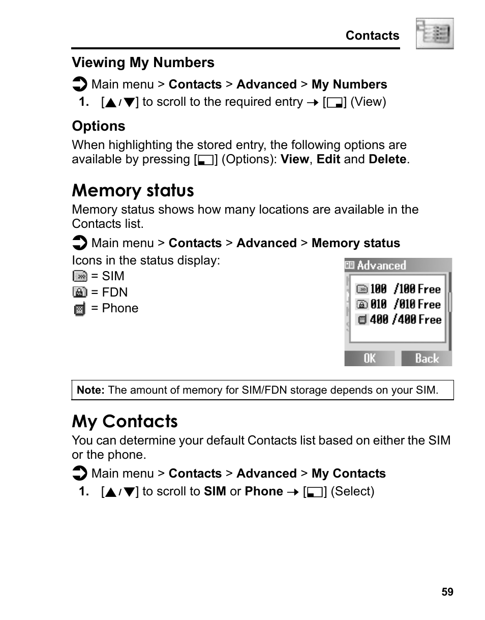 Memory status, My contacts | Panasonic A210 User Manual | Page 62 / 114