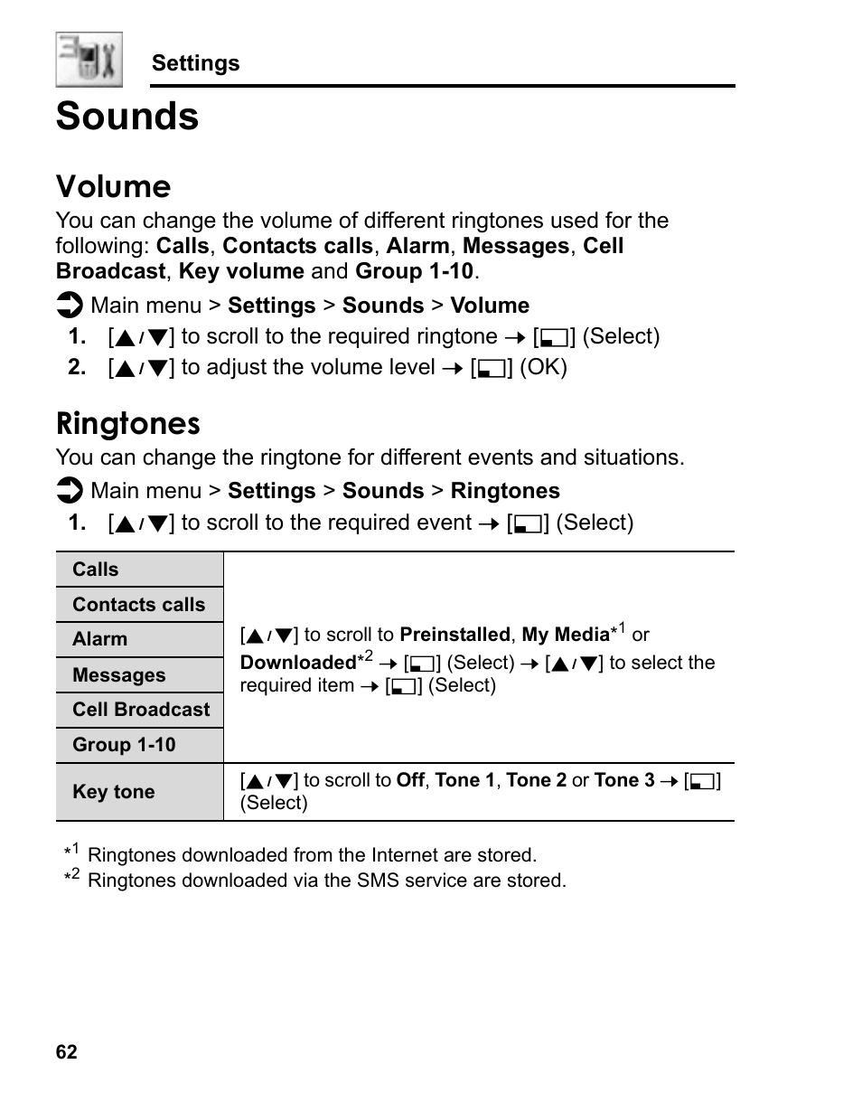 Sounds, Volume, Ringtones | Panasonic A210 User Manual | Page 65 / 114