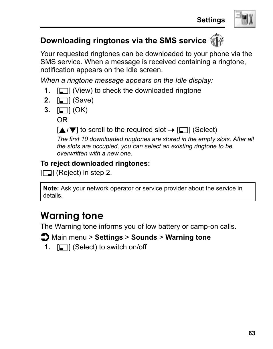 Warning tone, Downloading ringtones via the sms service | Panasonic A210 User Manual | Page 66 / 114