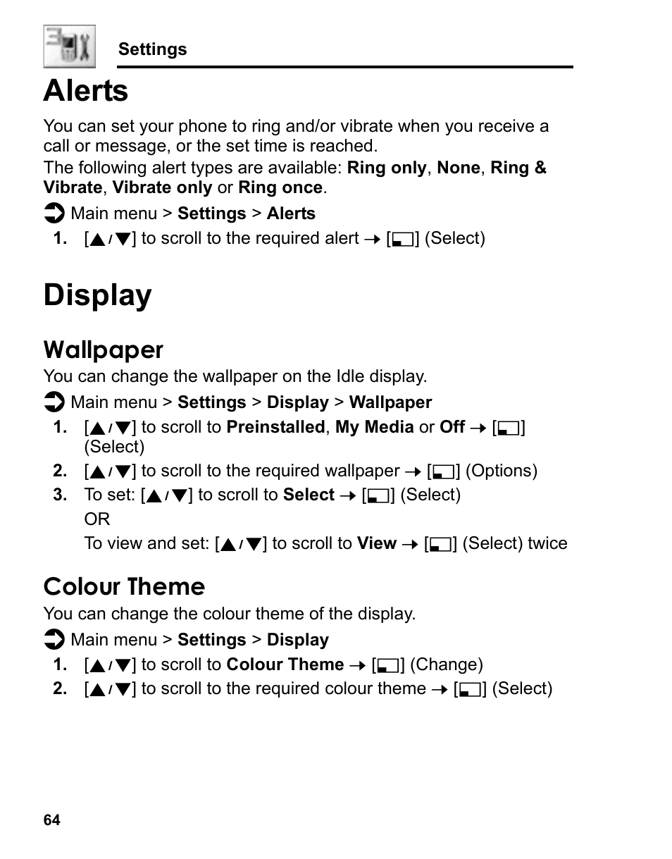 Alerts, Display, Wallpaper | Colour theme, Alerts display | Panasonic A210 User Manual | Page 67 / 114