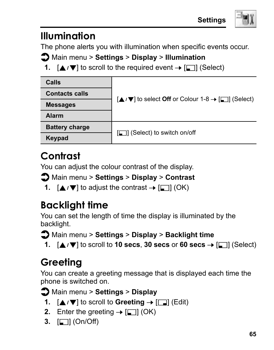 Illumination, Contrast, Backlight time | Greeting | Panasonic A210 User Manual | Page 68 / 114