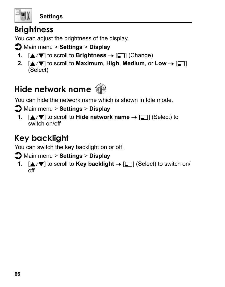 Brightness, Hide network name, Key backlight | Panasonic A210 User Manual | Page 69 / 114