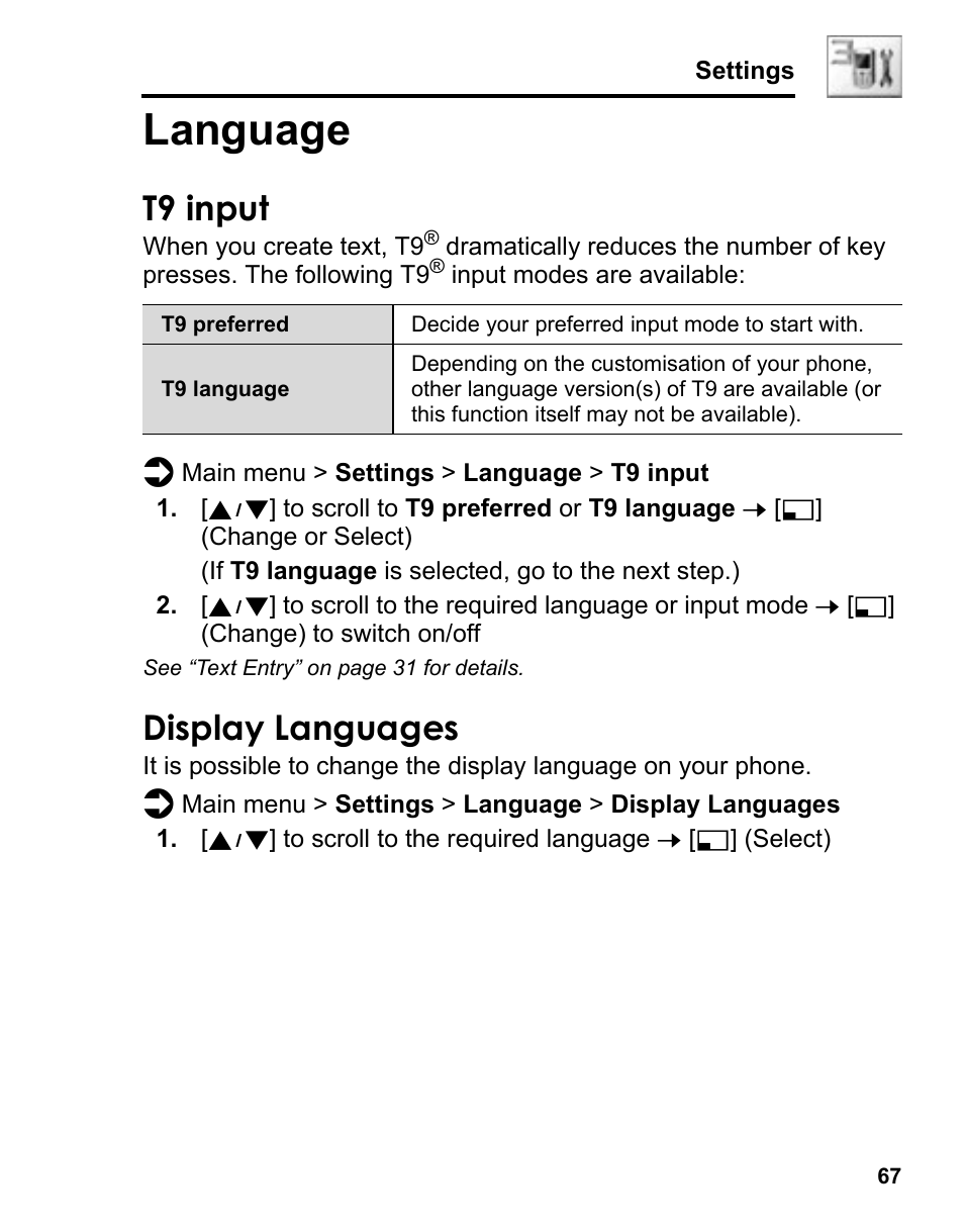 Language, T9 input, Display languages | Panasonic A210 User Manual | Page 70 / 114