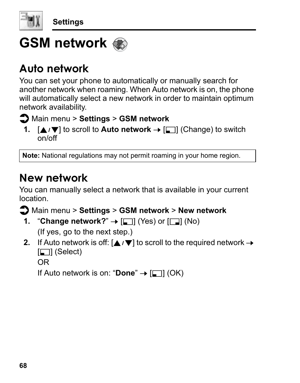 Gsm network, Auto network, New network | Panasonic A210 User Manual | Page 71 / 114