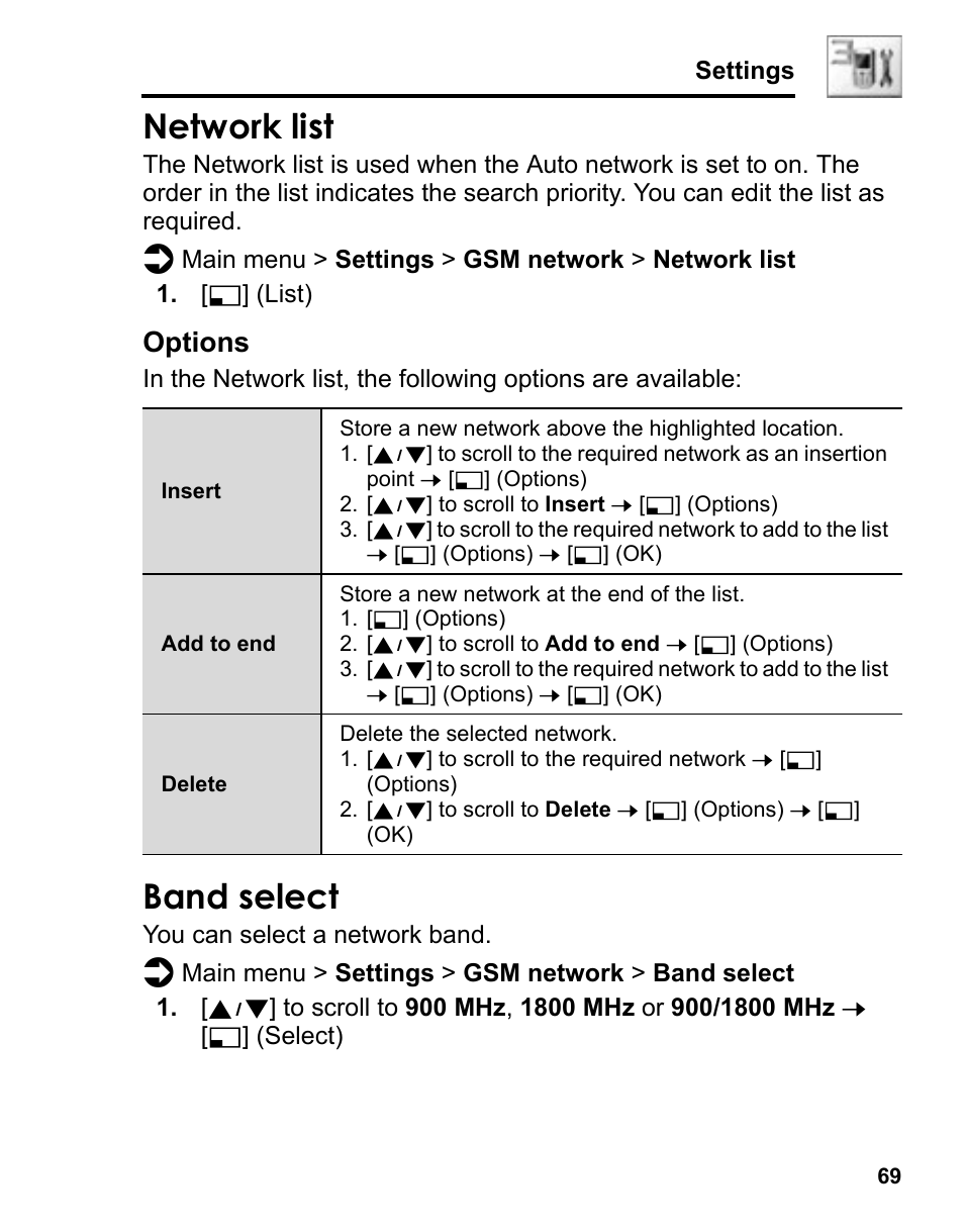 Network list, Band select, Options | Panasonic A210 User Manual | Page 72 / 114