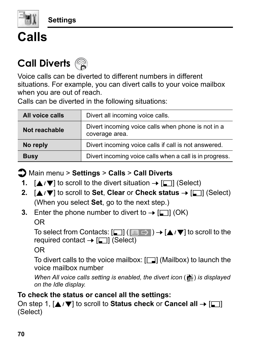 Calls, Call diverts | Panasonic A210 User Manual | Page 73 / 114