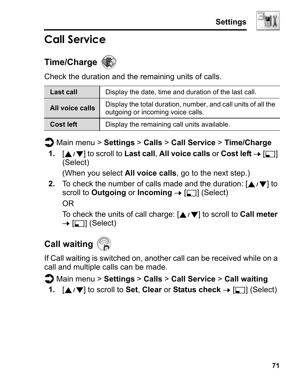 Call service, Time/charge, Call waiting | Panasonic A210 User Manual | Page 74 / 114