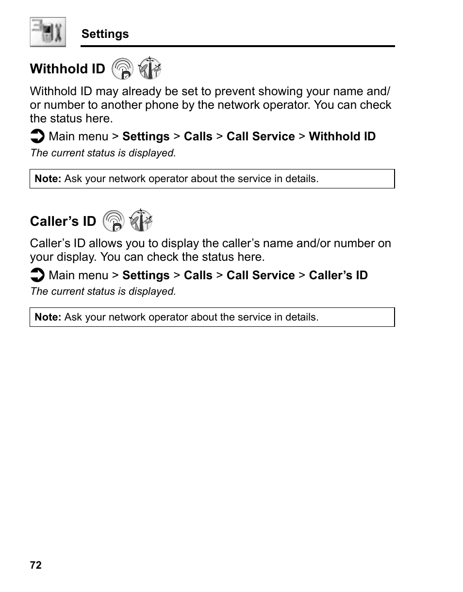 Withhold id, Caller’s id | Panasonic A210 User Manual | Page 75 / 114