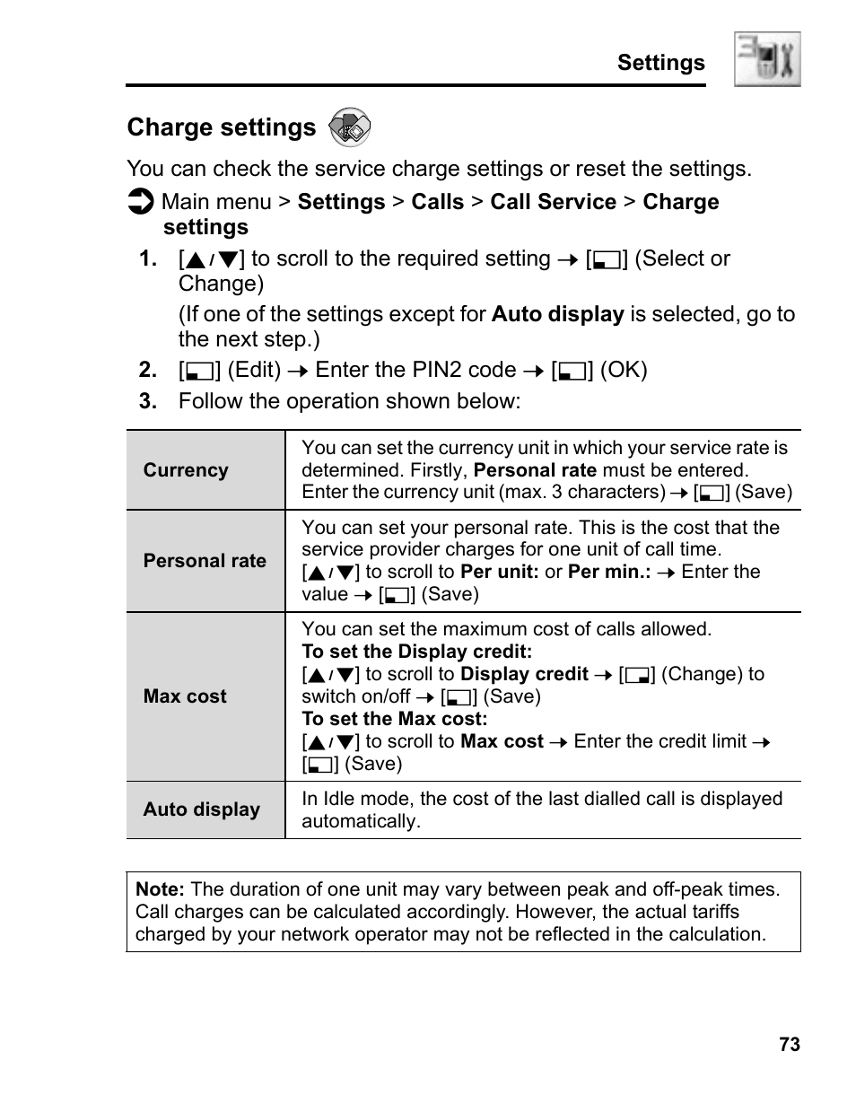 Charge settings | Panasonic A210 User Manual | Page 76 / 114